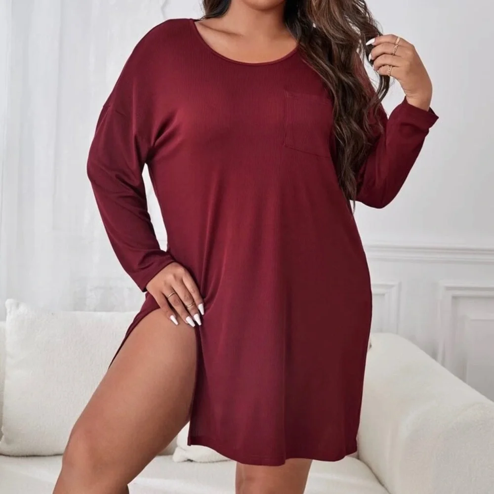 Plus Patched Pocket Drop Shoulder Slit Thigh Nightdress - Picture 1 of 6